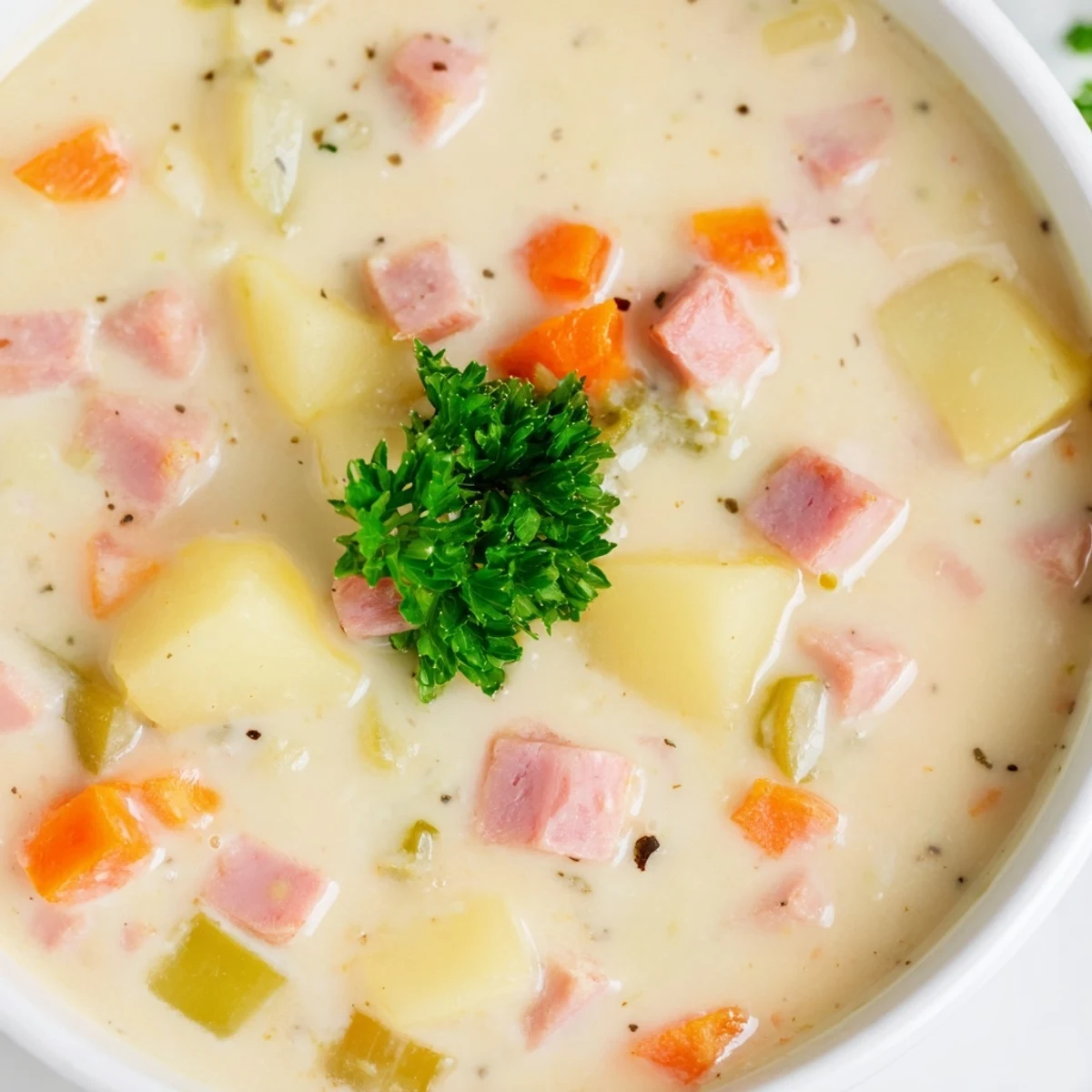 Serving Light Ham & Potato Chowder hot, accompanied by a slice of crusty bread for dipping on a cozy table.