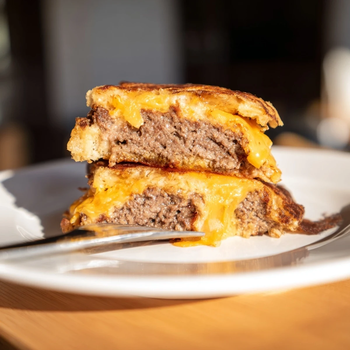Close-up of the Flying Dutchman Burger stacked with melted American cheese and grilled onions on a rustic board.