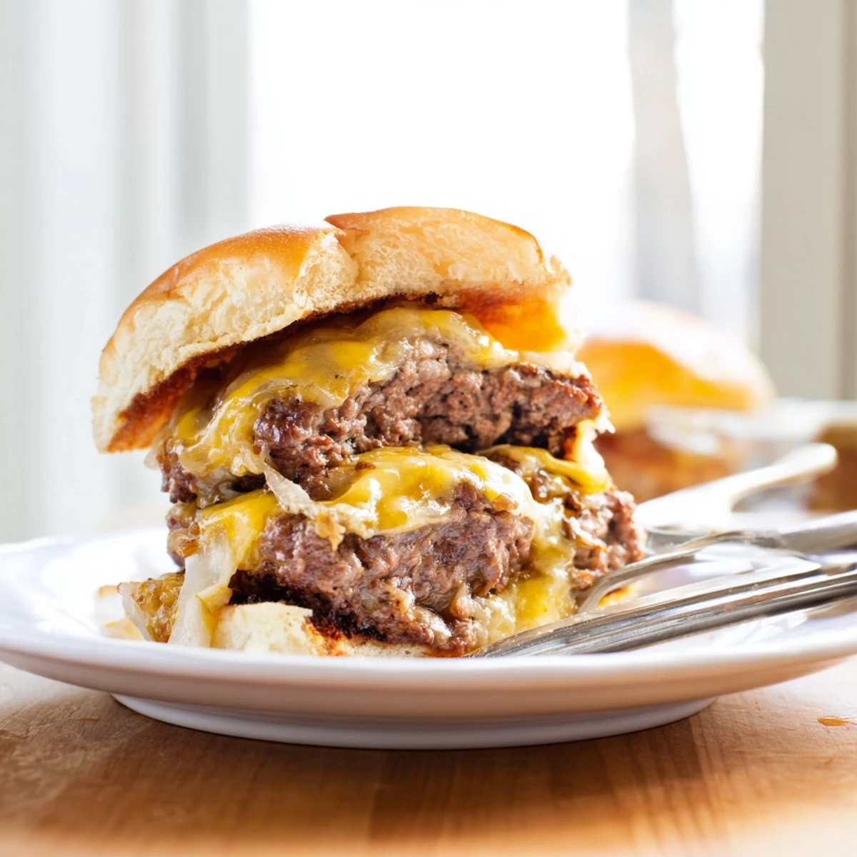 Gluten-free Flying Dutchman Burger recipe featuring two seared patties with cheese layered between and pickles.
