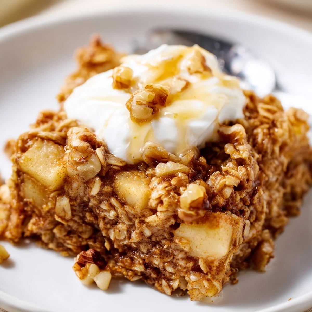 Golden-brown squares of Baked Apple Oatmeal With Greek Yogurt served warm with maple drizzle.  