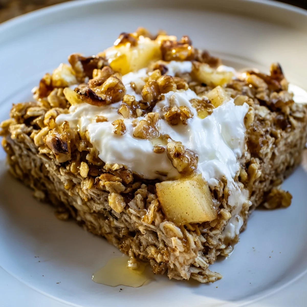 Comforting Baked Apple Oatmeal With Greek Yogurt on a rustic plate beside steaming coffee.