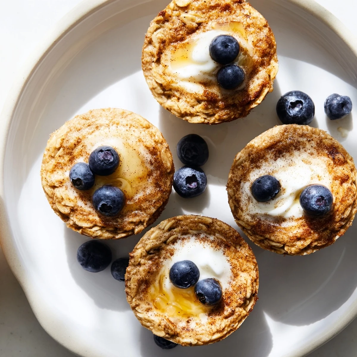 Freshly baked oatmeal cups with Greek yogurt topping sit on a white marble counter, offering a wholesome American breakfast.  