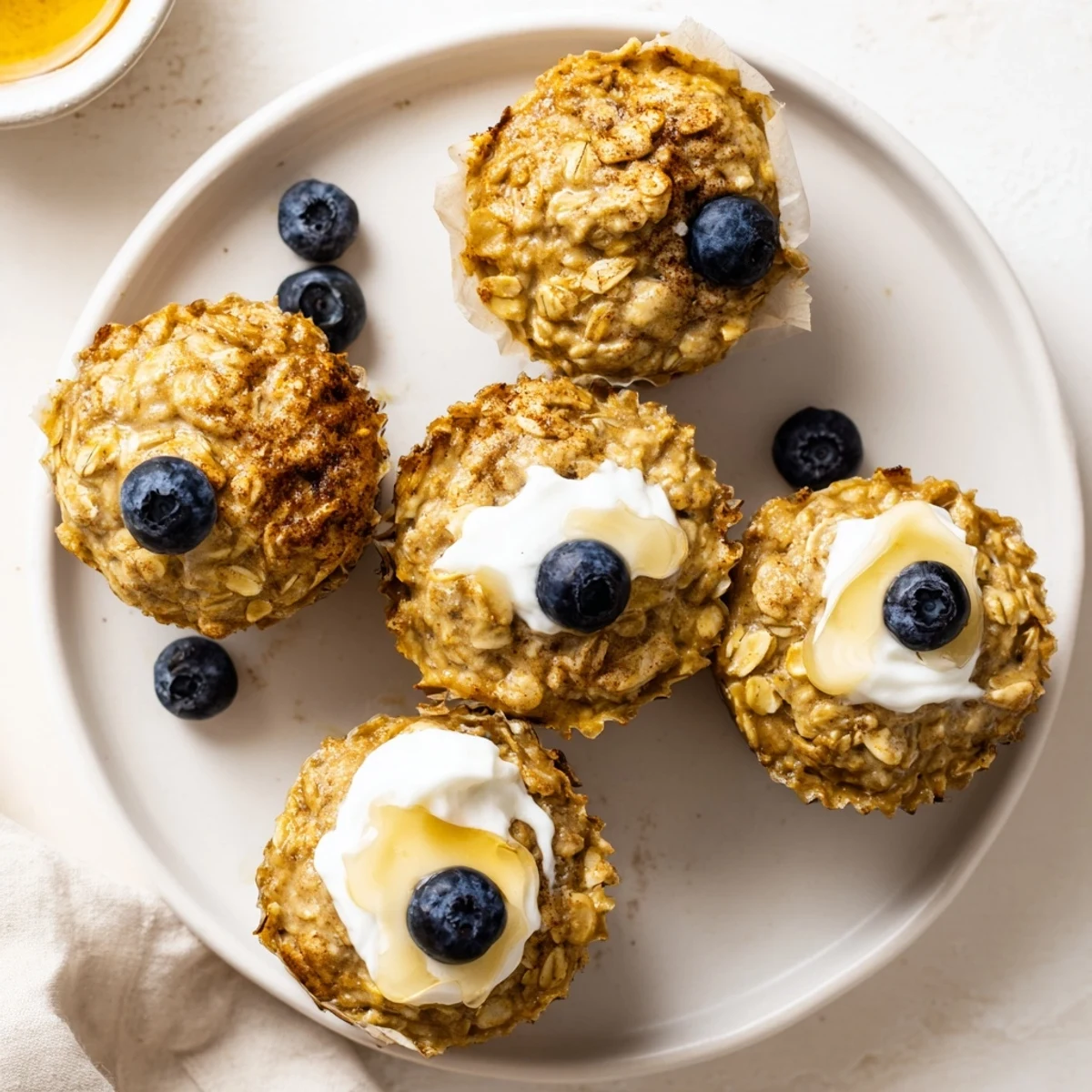Warm Baked Oatmeal Cups with Greek Yogurt are arranged on a wooden board with fresh berries and a drizzle of honey.  