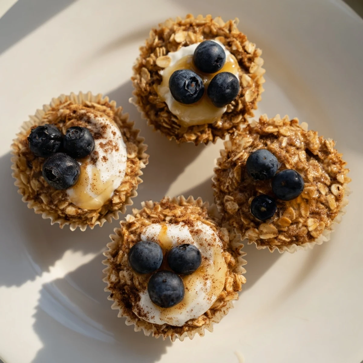 Golden Baked Oatmeal Cups with Greek Yogurt topped with a creamy dollop, ready for a quick breakfast or snack.