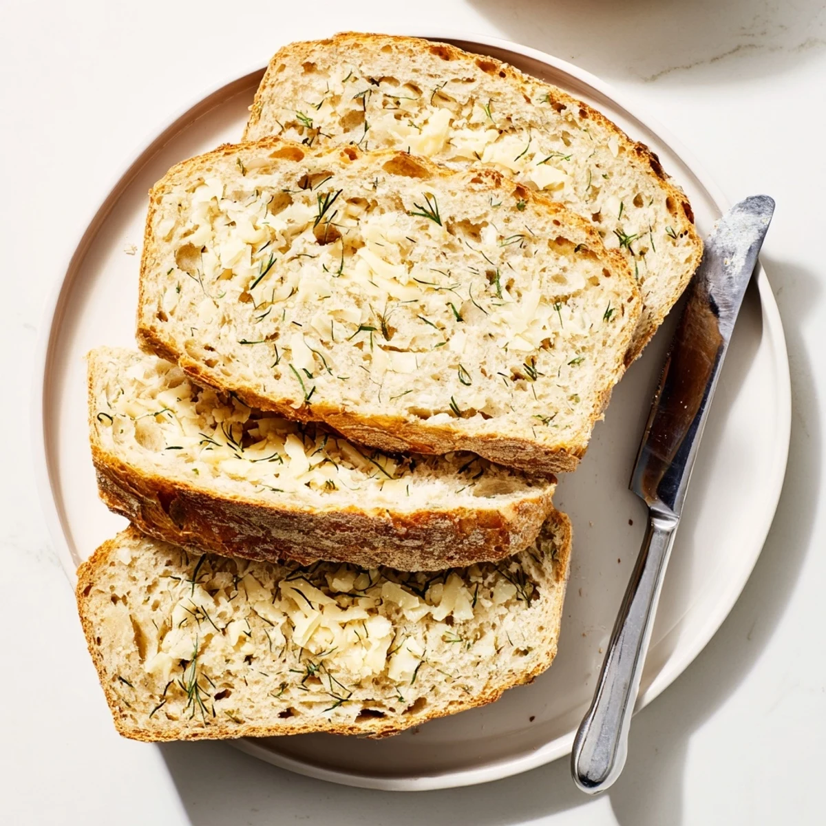 Freshly baked No Knead Dill Gouda Artisan Bread showing visible dill flecks and melted Gouda in the crumb.