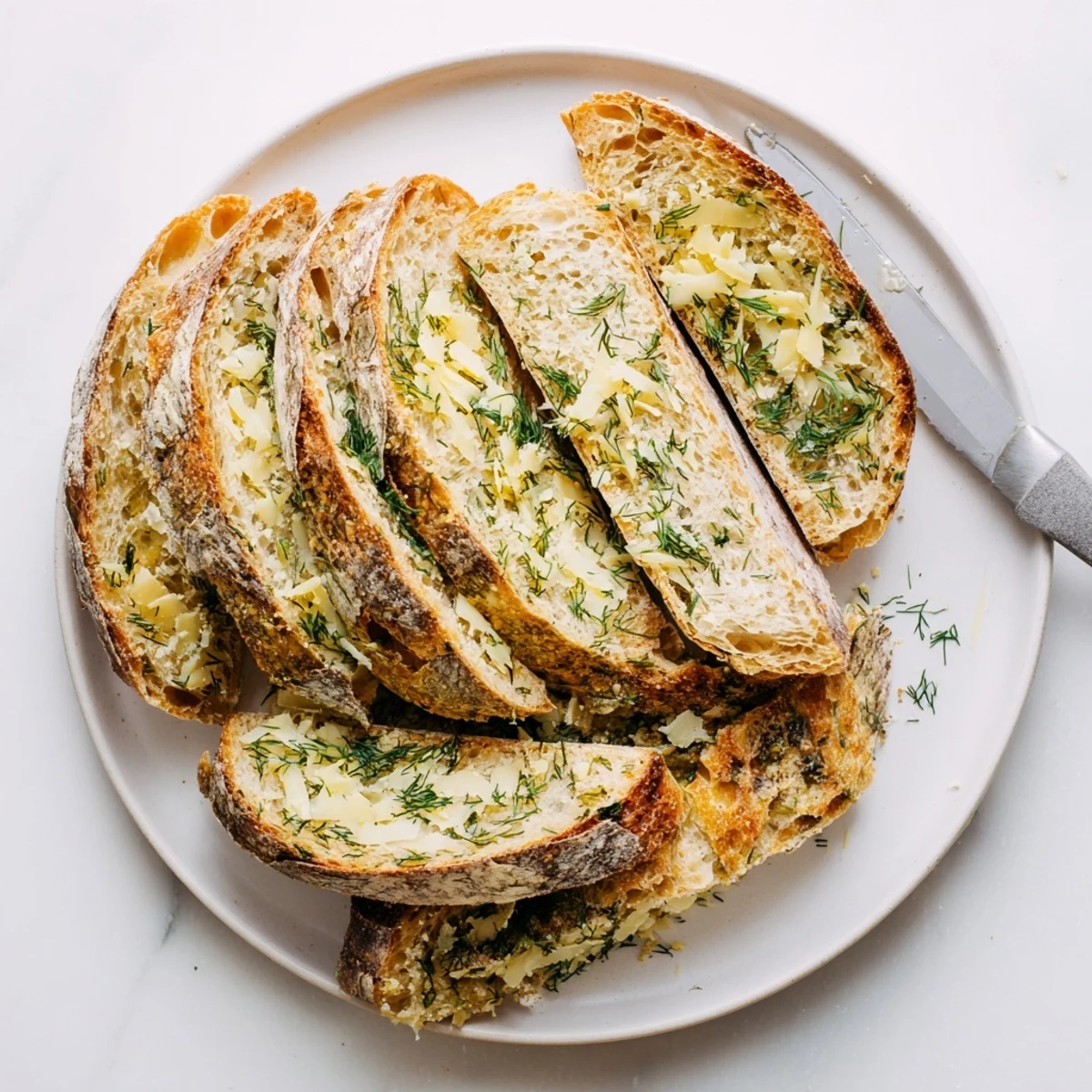A rustic slice of No Knead Dill Gouda Artisan Bread beside a steaming bowl of tomato soup for dinner.