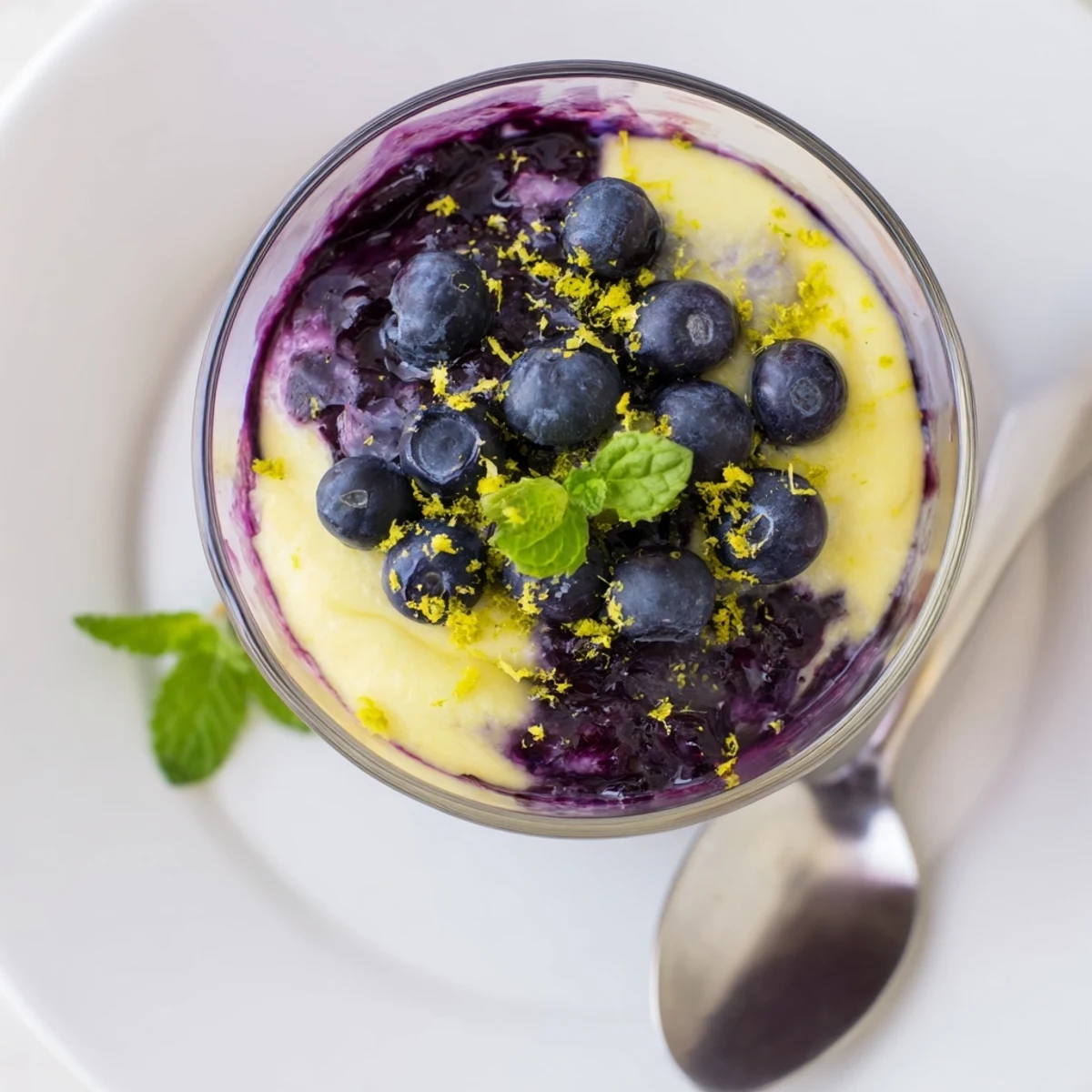 Chilled Lemon Blueberry Mousse in clear tumblers, topped with fresh blueberries, lemon zest, and a mint sprig.
