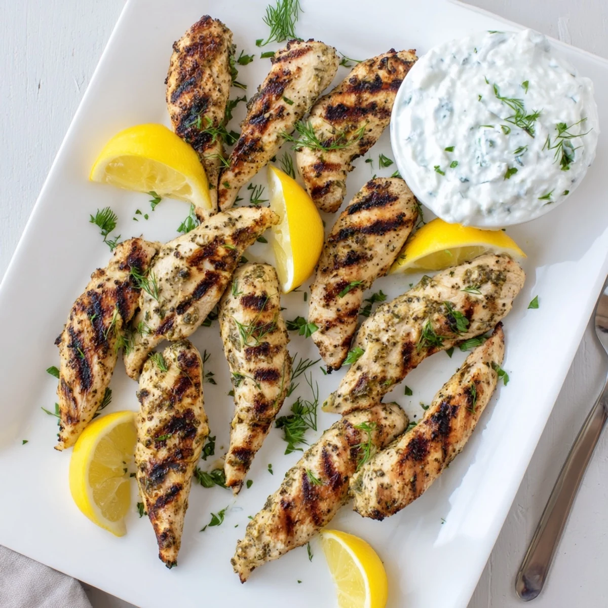 Tender Greek chicken tenders grilled with oregano and garlic, paired with cool yogurt sauce and fresh lemon wedges.