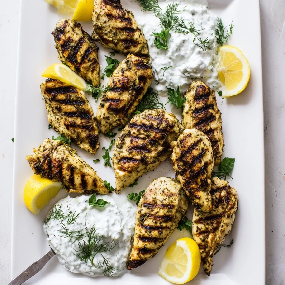 Juicy marinated Greek chicken tenders with char marks, ready to eat with refreshing cucumber yogurt sauce and herbs.