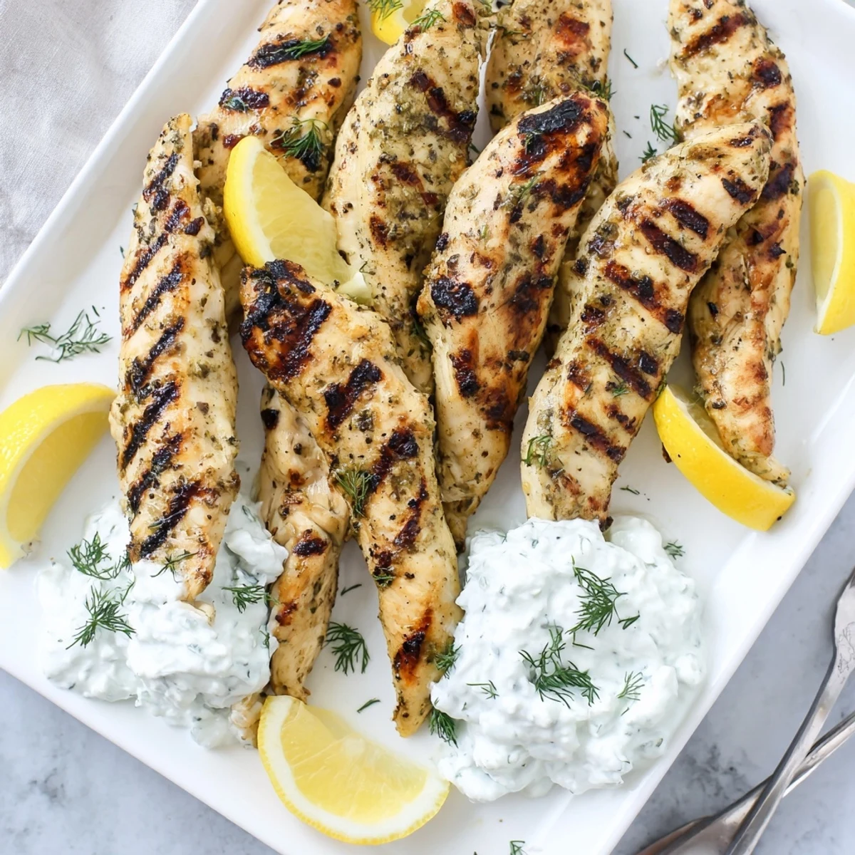 Golden-brown Greek chicken tenders rest beside creamy dill yogurt dip, served on a plate with bright lemon garnish.
