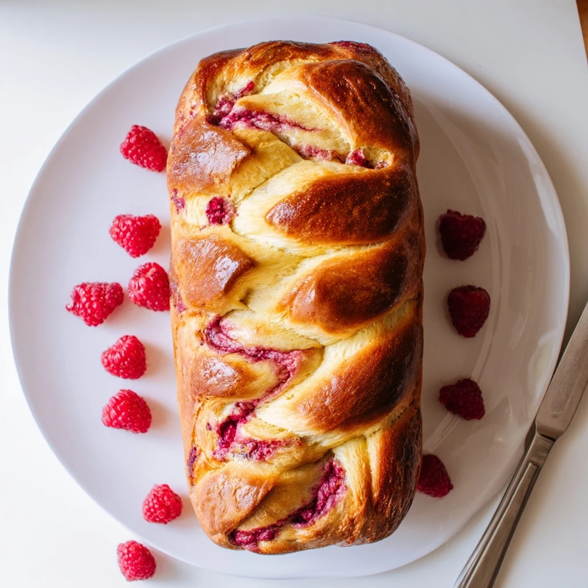A golden Raspberry Swirl Brioche Loaf sliced to reveal a vibrant pink jam spiral and tender, buttery crumb.