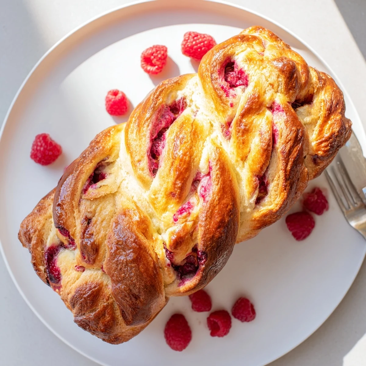 Freshly baked Raspberry Swirl Brioche Loaf on a wooden board, ready to be enjoyed with coffee or tea.