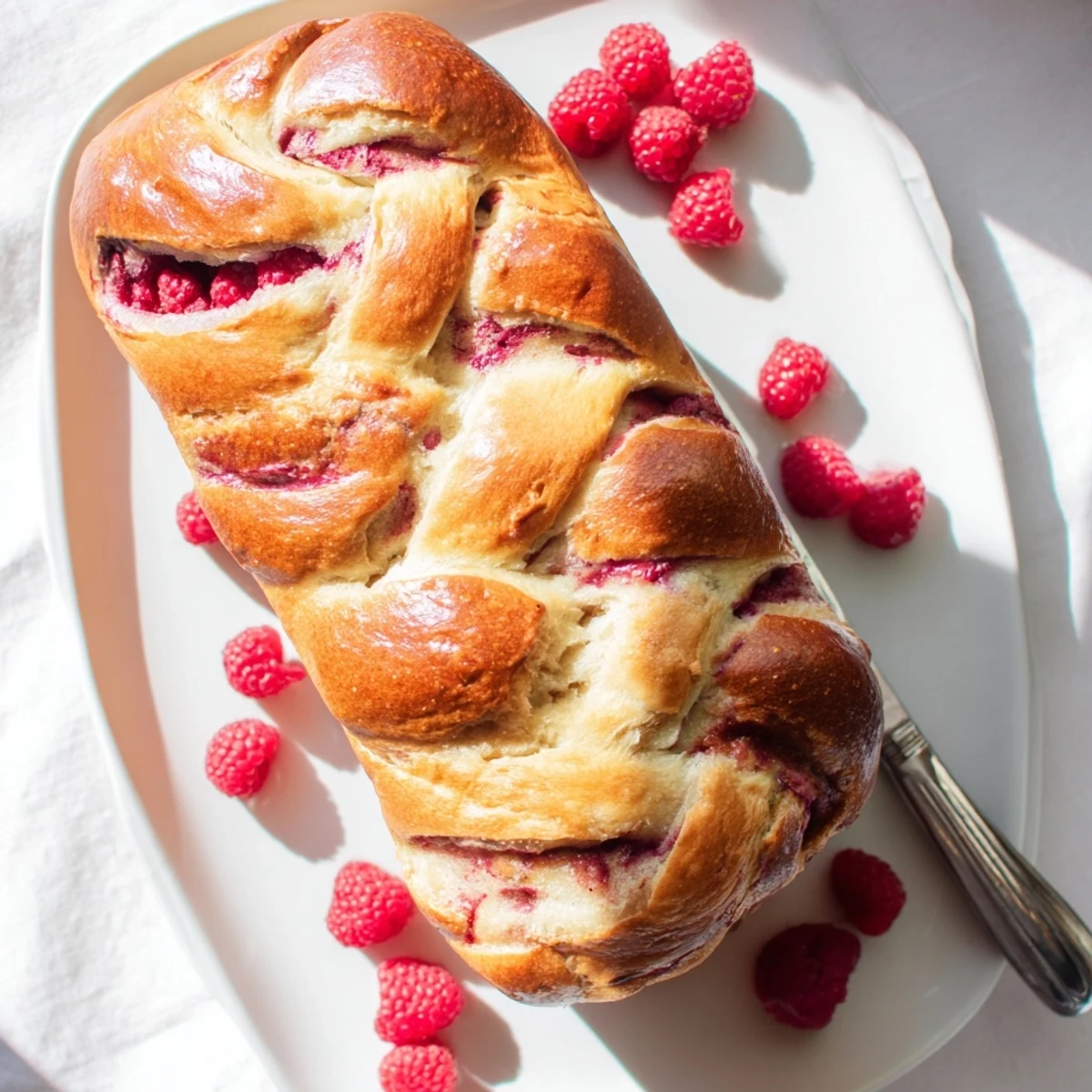This artisan Raspberry Swirl Brioche Loaf features a beautiful braided top and juicy raspberry filling, perfect for breakfast.