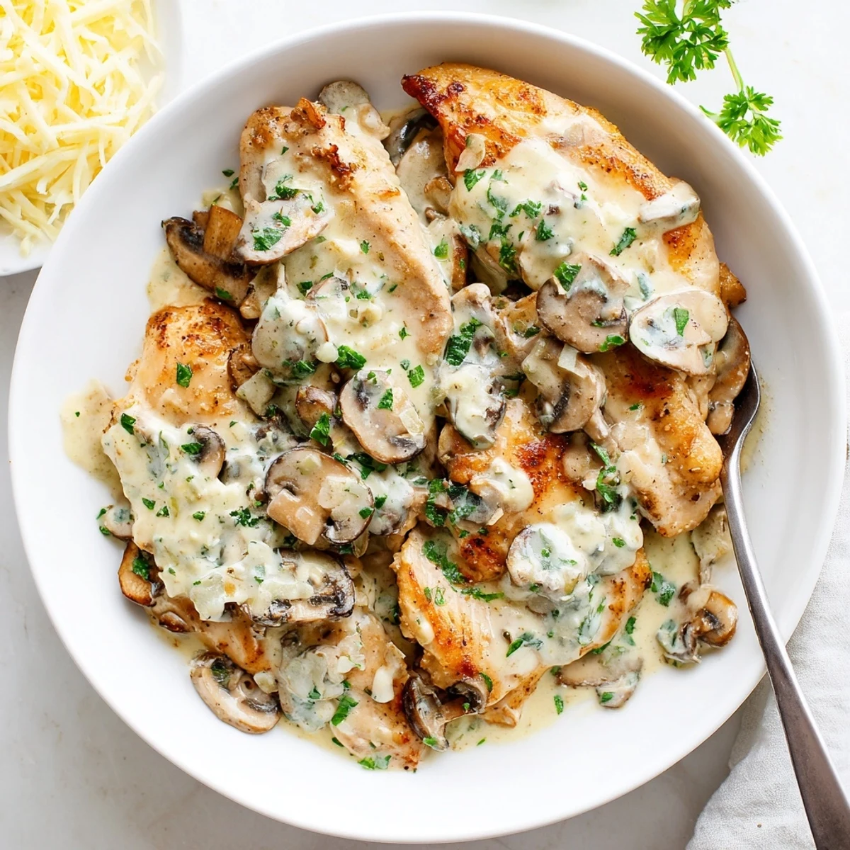 Golden seared chicken breasts bathed in creamy Mushroom Asiago Chicken sauce, garnished with parsley.