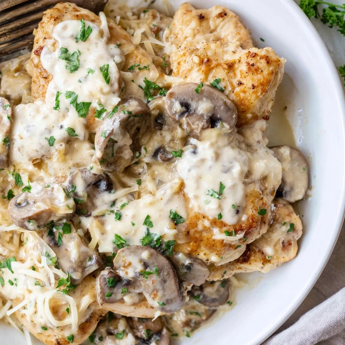 Comforting Mushroom Asiago Chicken plated with mashed potatoes, steam rising from the rich sauce.