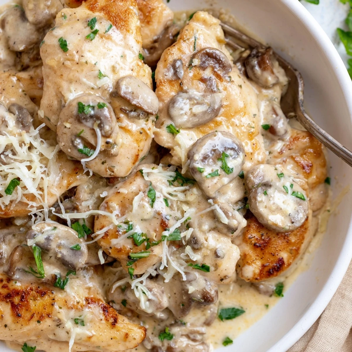 Tender chicken smothered in garlicky mushroom Asiago Chicken sauce, served alongside bright steamed green beans.