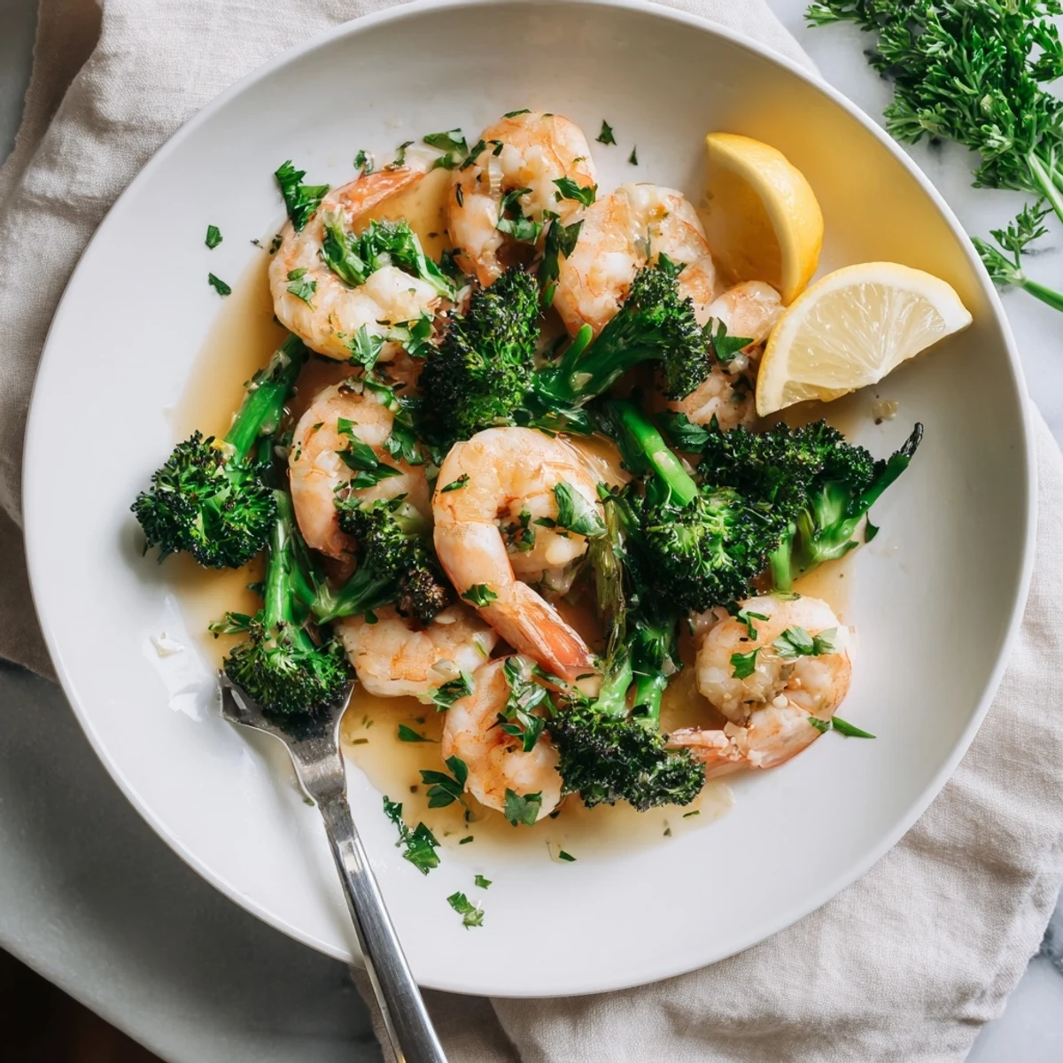 Bright green broccoli florets and glistening honey garlic butter shrimp sizzling in a skillet next to lemon wedges.