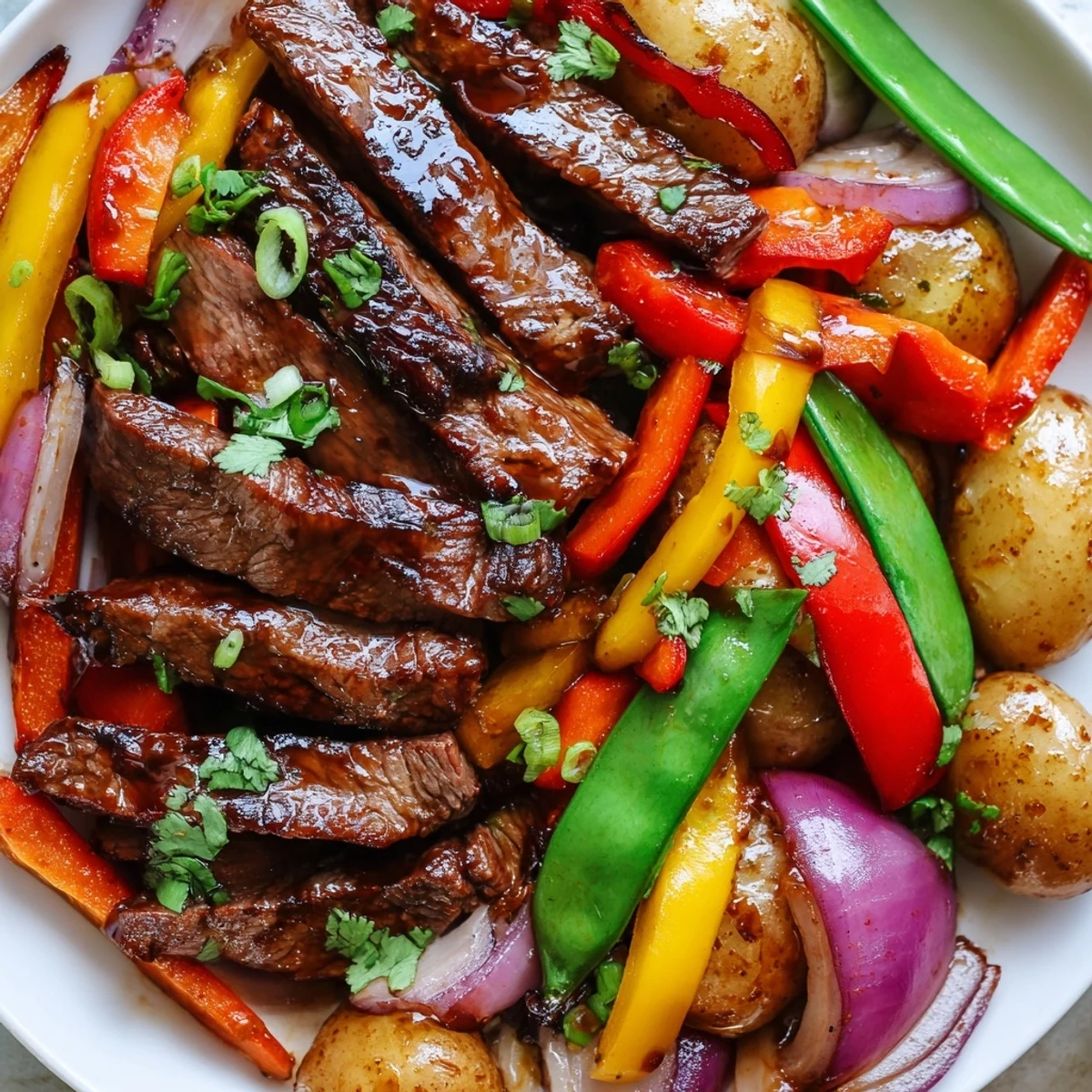 A hearty serving of Blackstone Cowboy Stir Fry Dinner plated with cilantro and scallions, ready to enjoy.