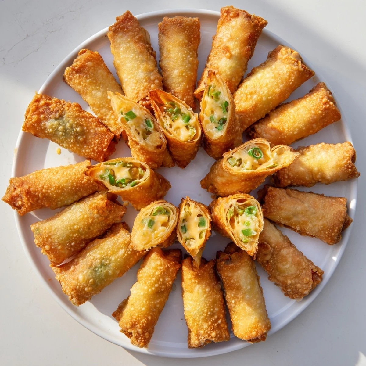 A hand dipping a Mini Jalapeño Popper Egg Roll into a bowl of ranch dressing, steam rising from the appetizer.