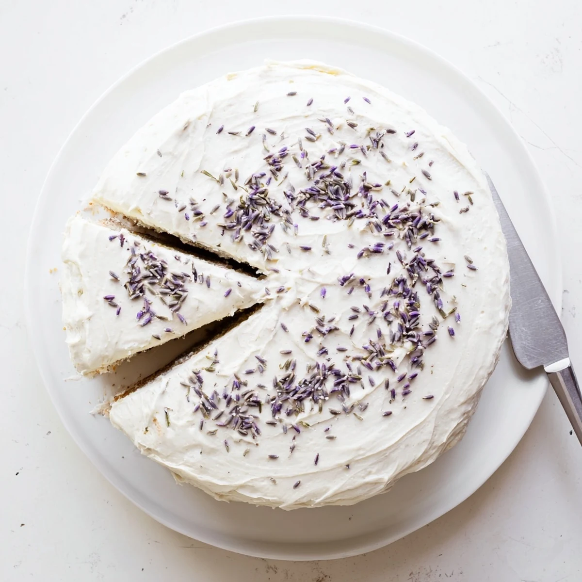 The moist London Fog Cake with Earl Grey and Lavender is garnished with culinary lavender buds.
