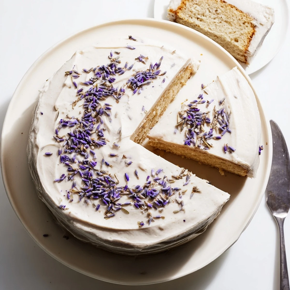 A moist London Fog Cake with Earl Grey and Lavender on a ceramic plate next to a steaming mug.