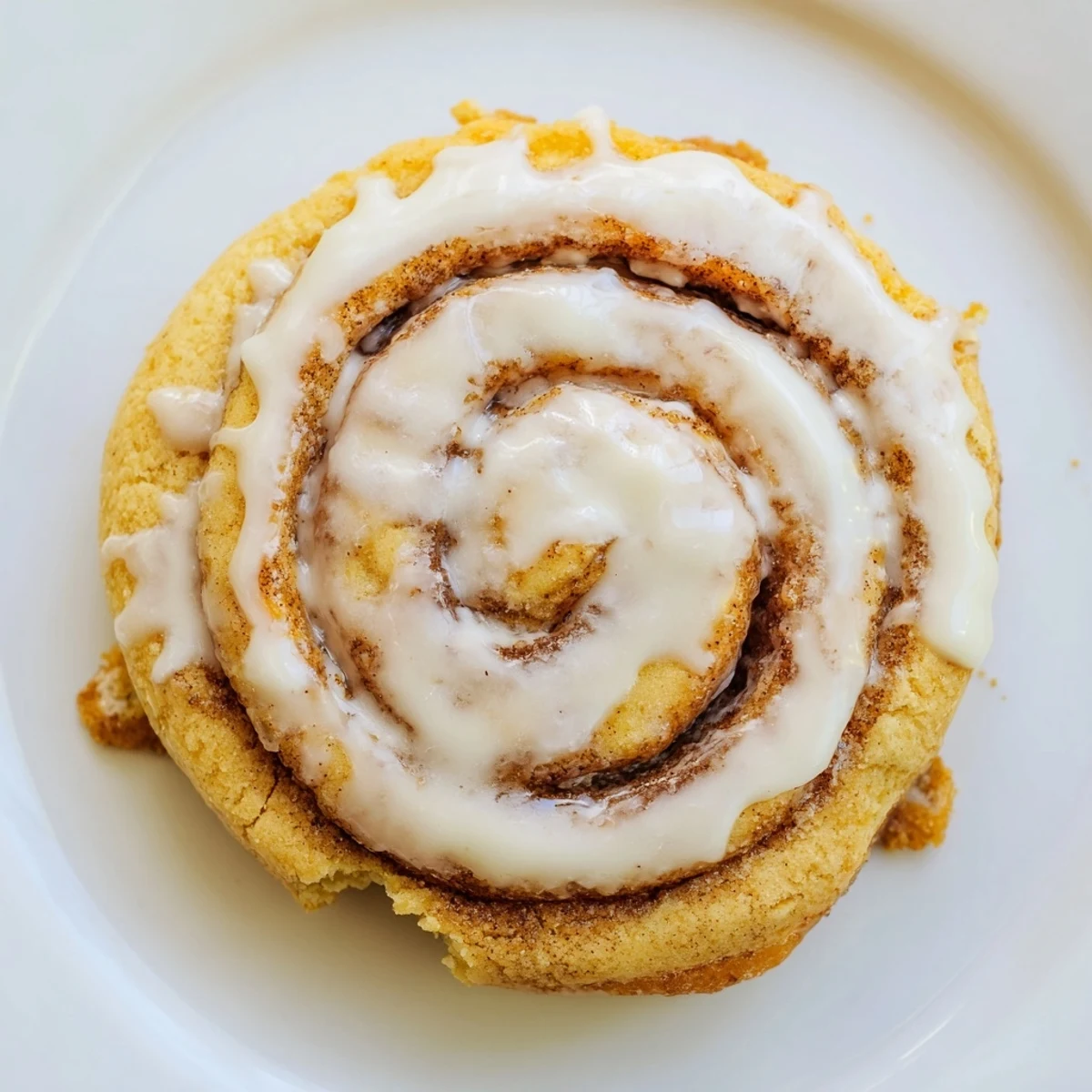 Close-up of golden Cinnamon Roll Cookies with visible cinnamon sugar swirls, ready to be served on a rustic wooden board.  