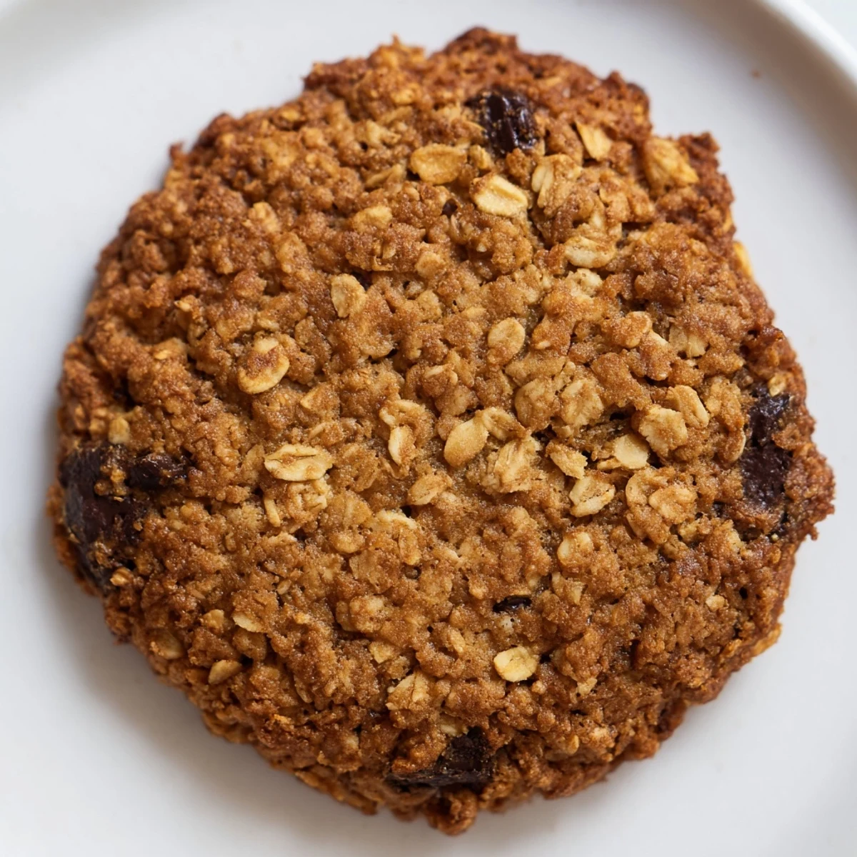 Rustic kitchen scene with freshly baked 4 Ingredient Crispy Chocolate Oat Cookies beside a glass of milk.