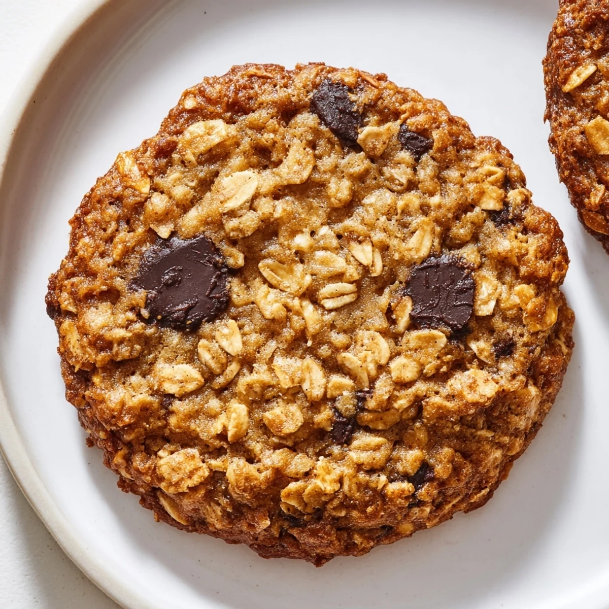 A close-up of crispy 4 Ingredient Crispy Chocolate Oat Cookies stacked on a wooden plate.
