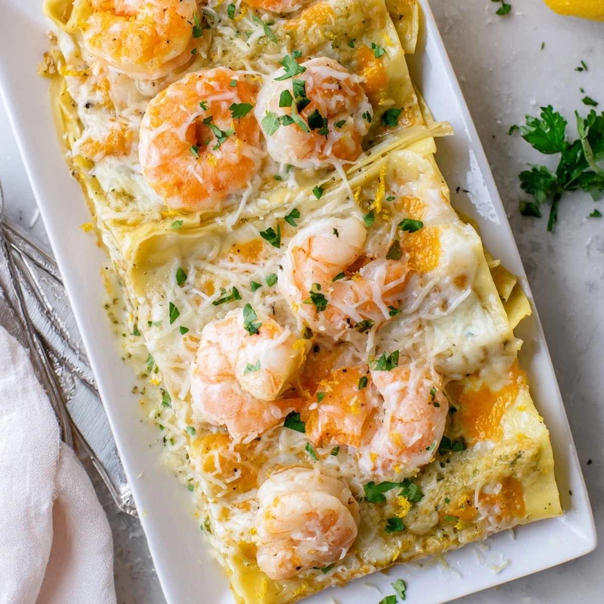 Freshly baked Garlic Butter Shrimp Scampi Lasagna with golden melted cheese and succulent shrimp peeking through layers.