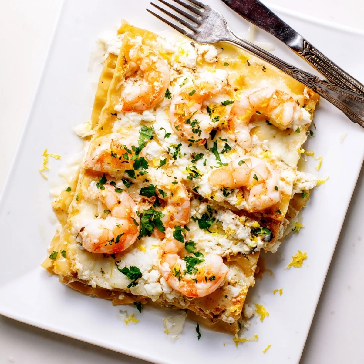 Golden bubbling Garlic Butter Shrimp Scampi Lasagna served in a slice with parsley garnish on a rustic table.