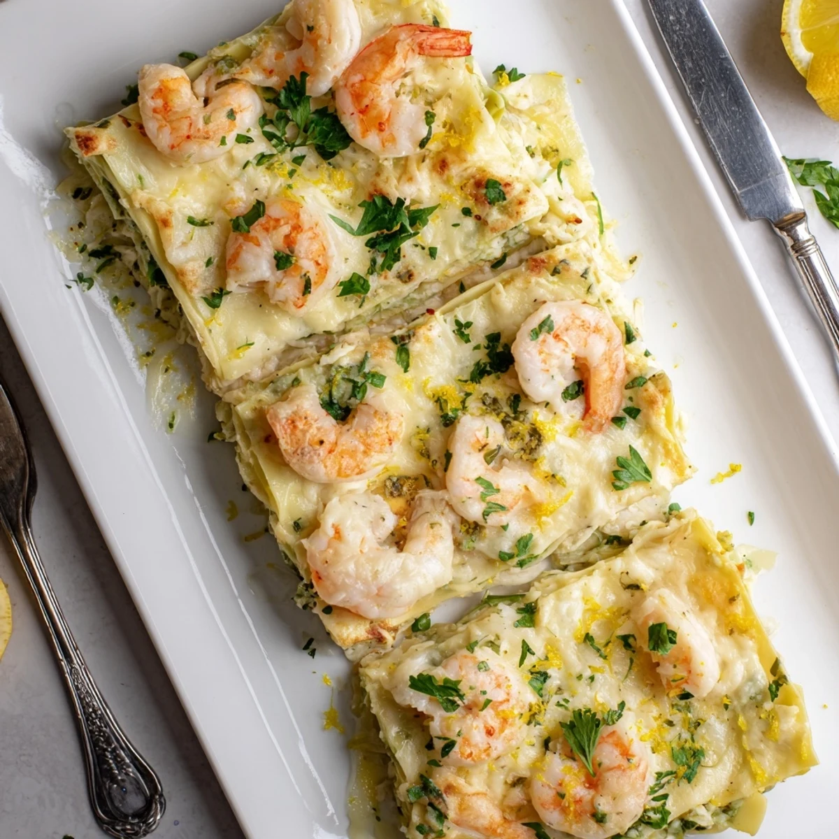Close up of Garlic Butter Shrimp Scampi Lasagna revealing creamy ricotta layers and tender shrimp in garlic butter sauce.