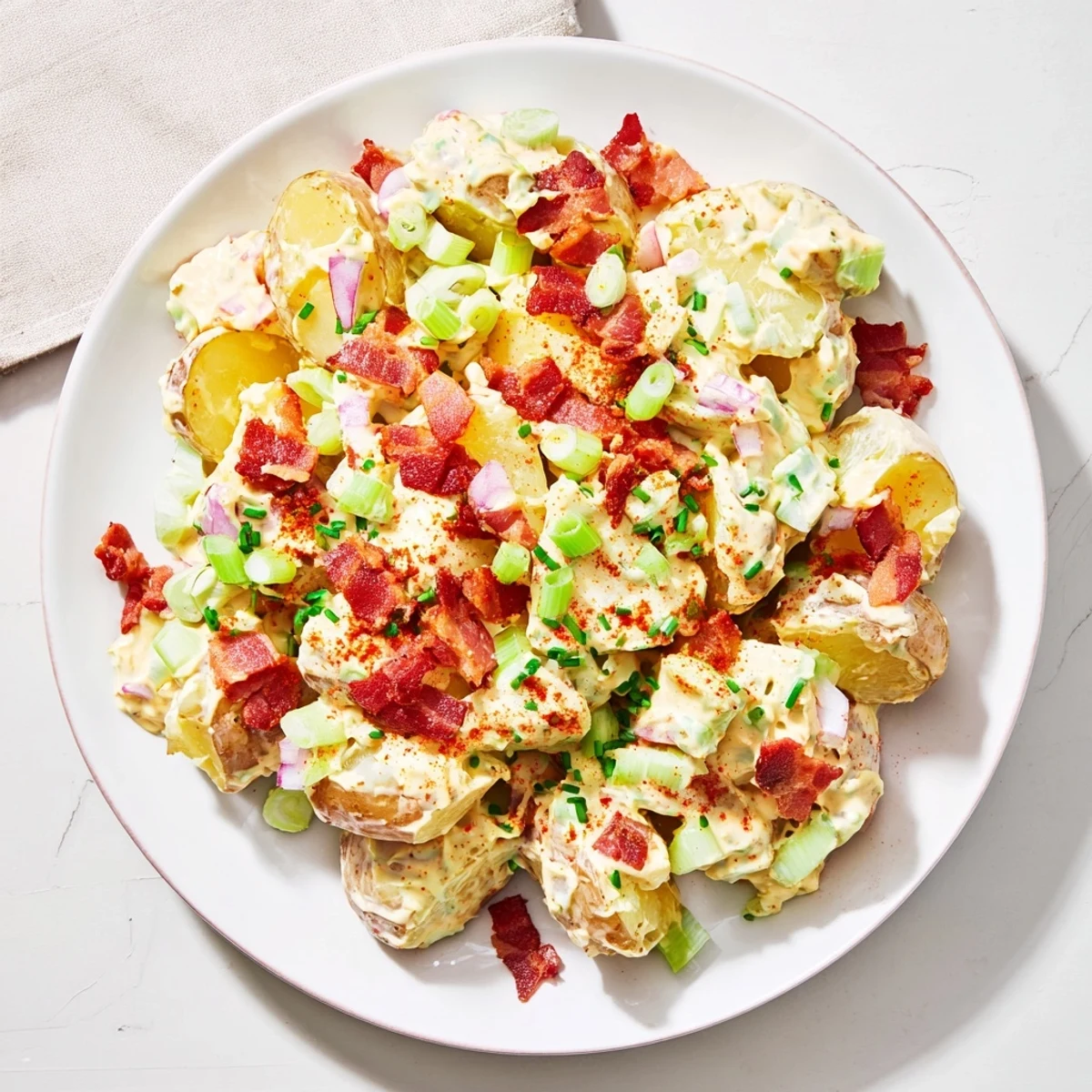 A close-up of the Steakhouse Potato Salad with creamy dressing, crispy bacon bits, and fresh chives sprinkled on top.