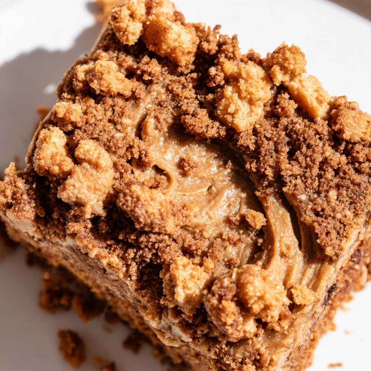 A square of warm Brown Butter Biscoff Blondies, with a gooey center, topped with crunchy cookie pieces and creamy swirls.