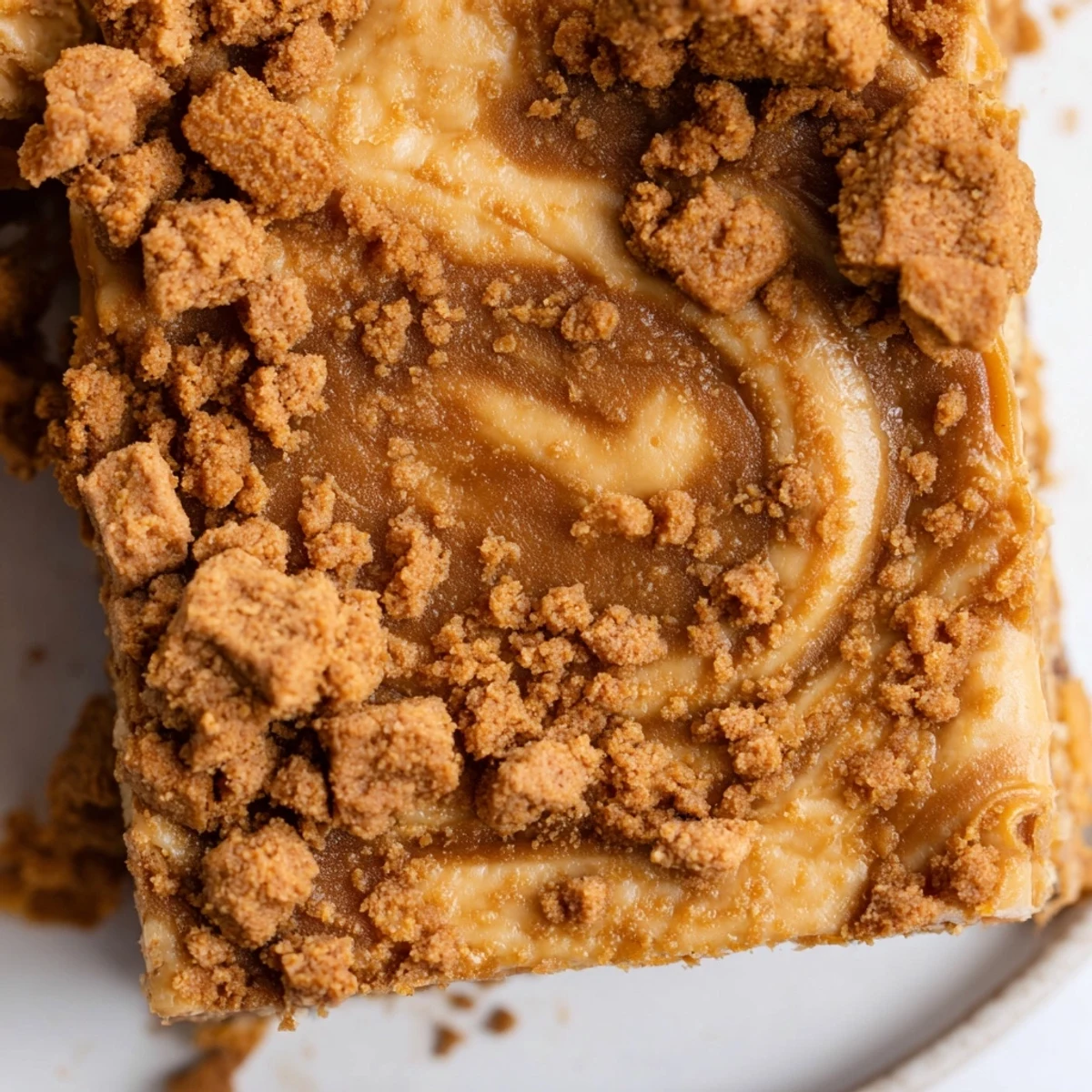 Freshly baked Brown Butter Biscoff Blondies cooling on a rack, showcasing a rich, golden crust and melty cookie butter drizzle.