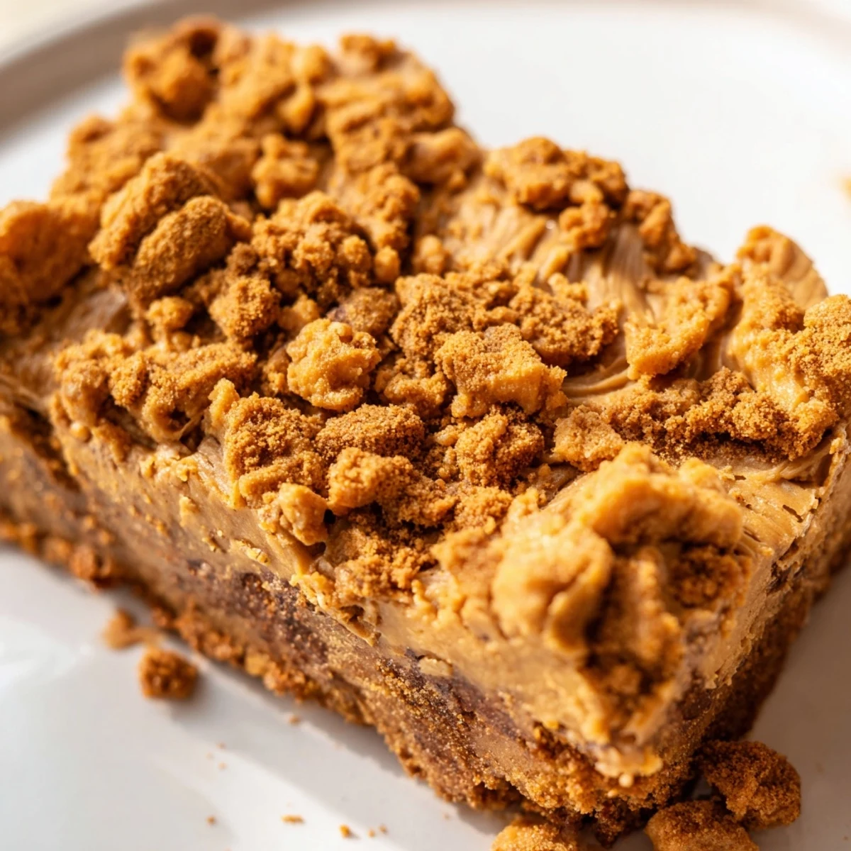 A close-up slice of Brown Butter Biscoff Blondies on a plate, revealing a chewy texture with brown butter notes and crunchy Biscoff bits.