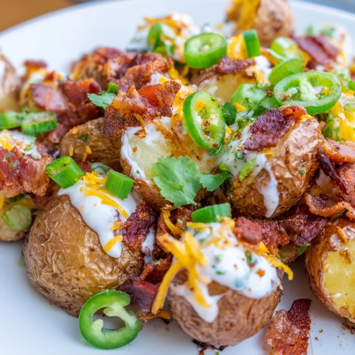 Golden roasted baby potatoes tossed in a creamy jalapeno popper roasted potato salad with crispy bacon bits and fresh green onions.