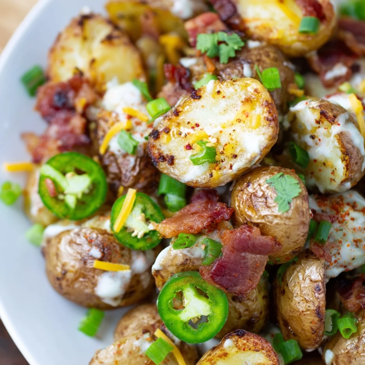 A close-up view of jalapeno popper roasted potato salad featuring melted cheddar, diced jalapenos, and a tangy cream cheese dressing.