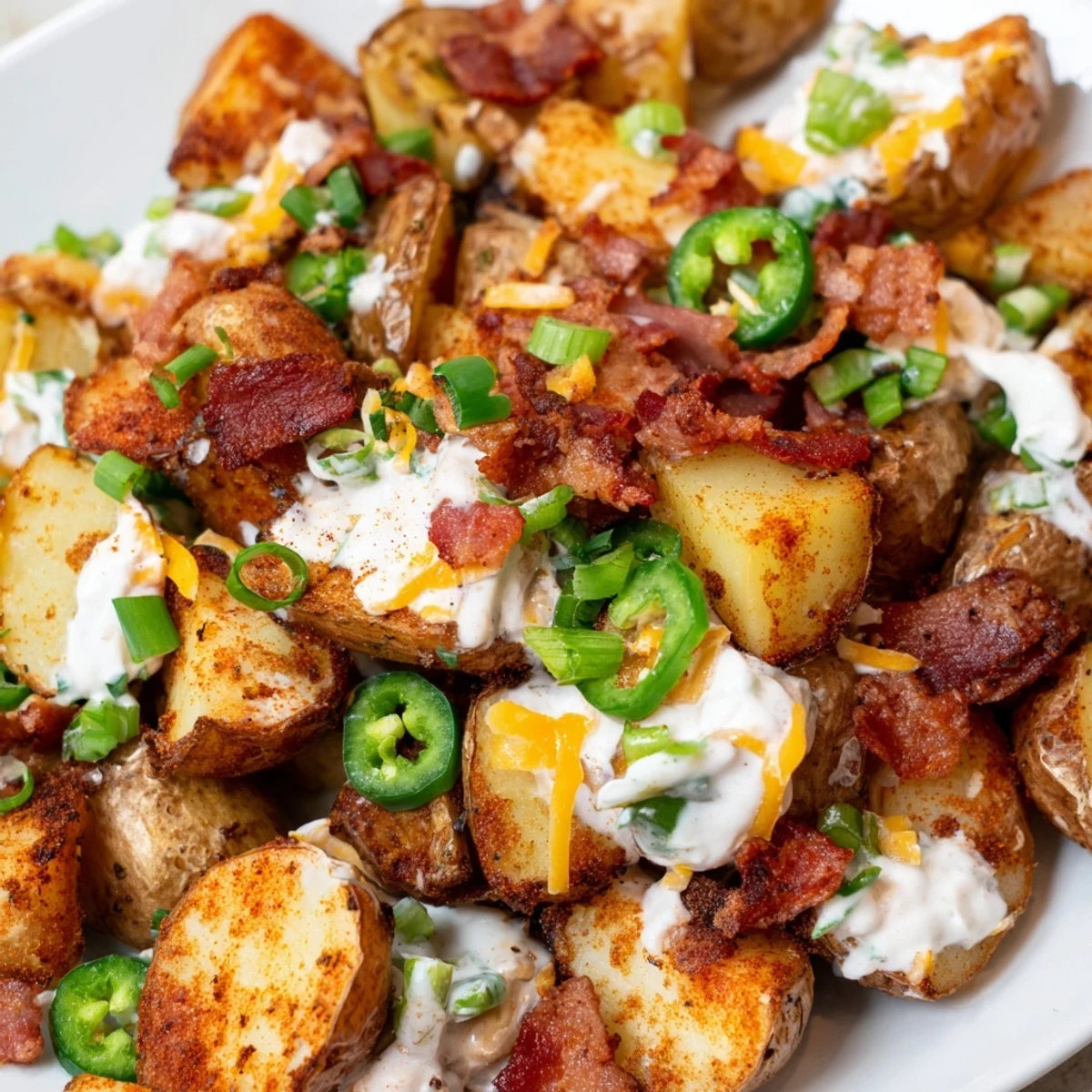 Serving suggestion for jalapeno popper roasted potato salad on a rustic plate, garnished with fresh cilantro and smoky paprika specks.