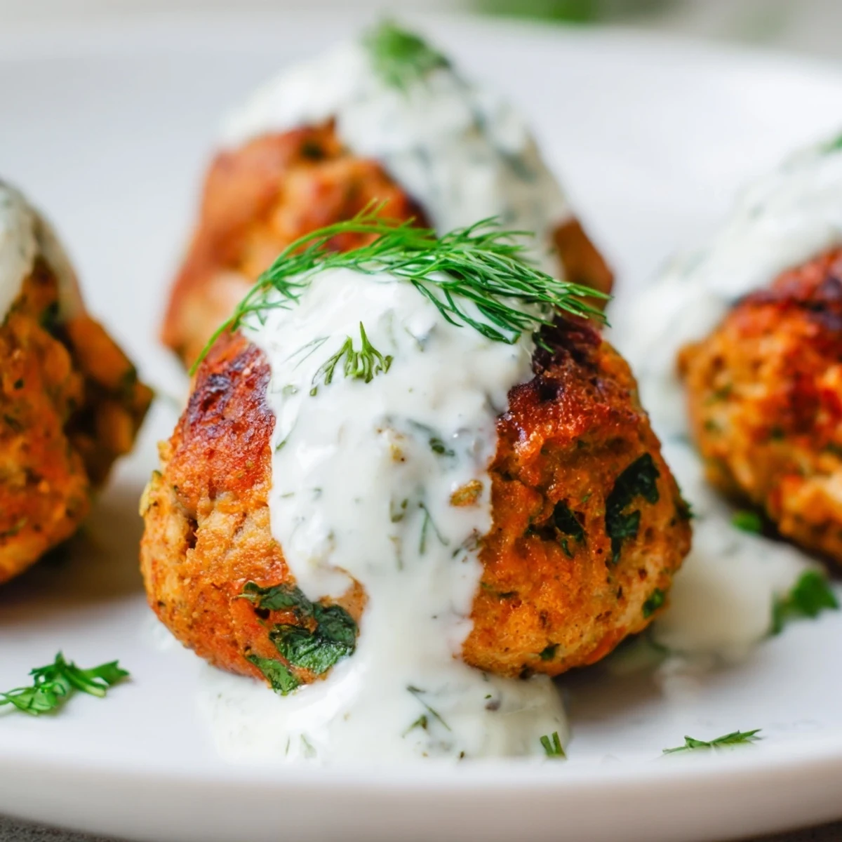 Juicy Chicken Kofta meatballs are seared golden and served with a drizzle of creamy garlic yogurt sauce.