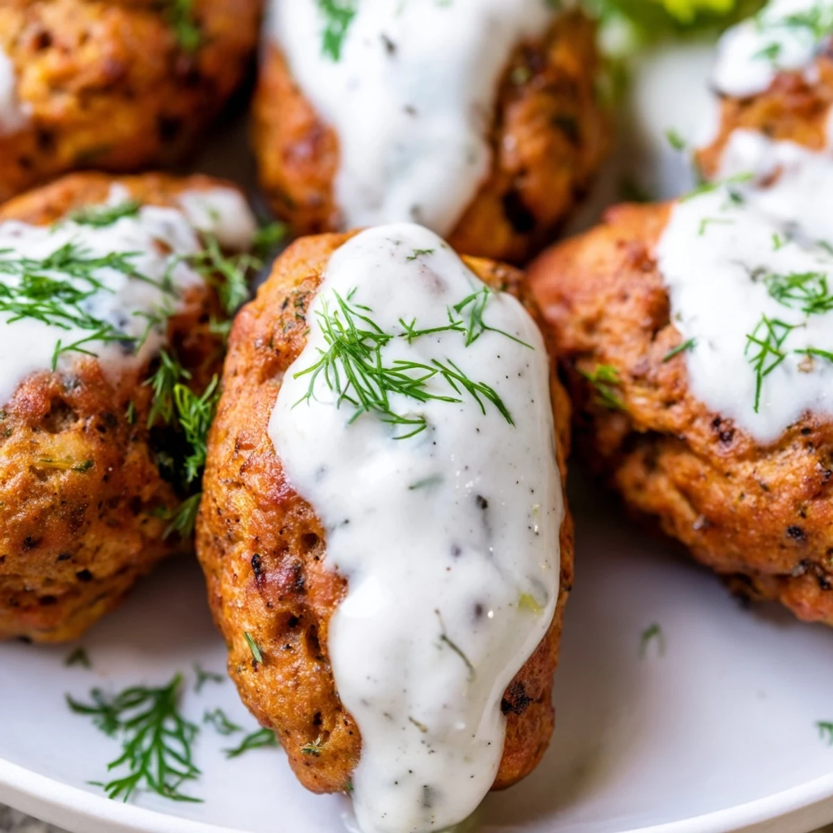 Tender Chicken Kofta meatballs sit beside a cool yogurt dip, garnished with fresh dill and lemon wedges.