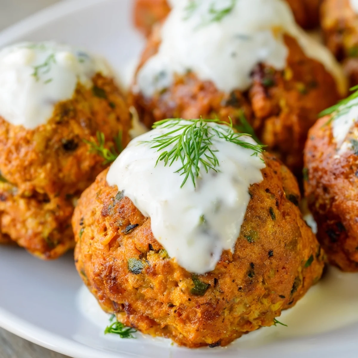 Warmly spiced Chicken Kofta are arranged on a plate, ready to be dipped into rich garlic yogurt sauce.