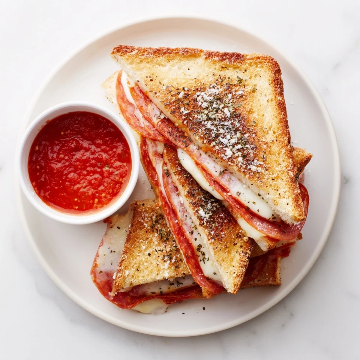 Golden-brown grilled cheese slices overflowing with melted mozzarella and pepperoni, drizzled with extra marinara on a plate for the Pizza Grilled Cheese recipe.