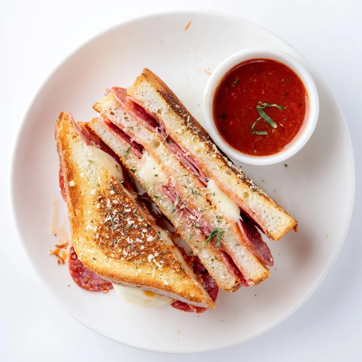 Close-up of a Pizza Grilled Cheese sandwich cut in half, revealing layers of gooey cheese and savory pepperoni between crispy sourdough bread.