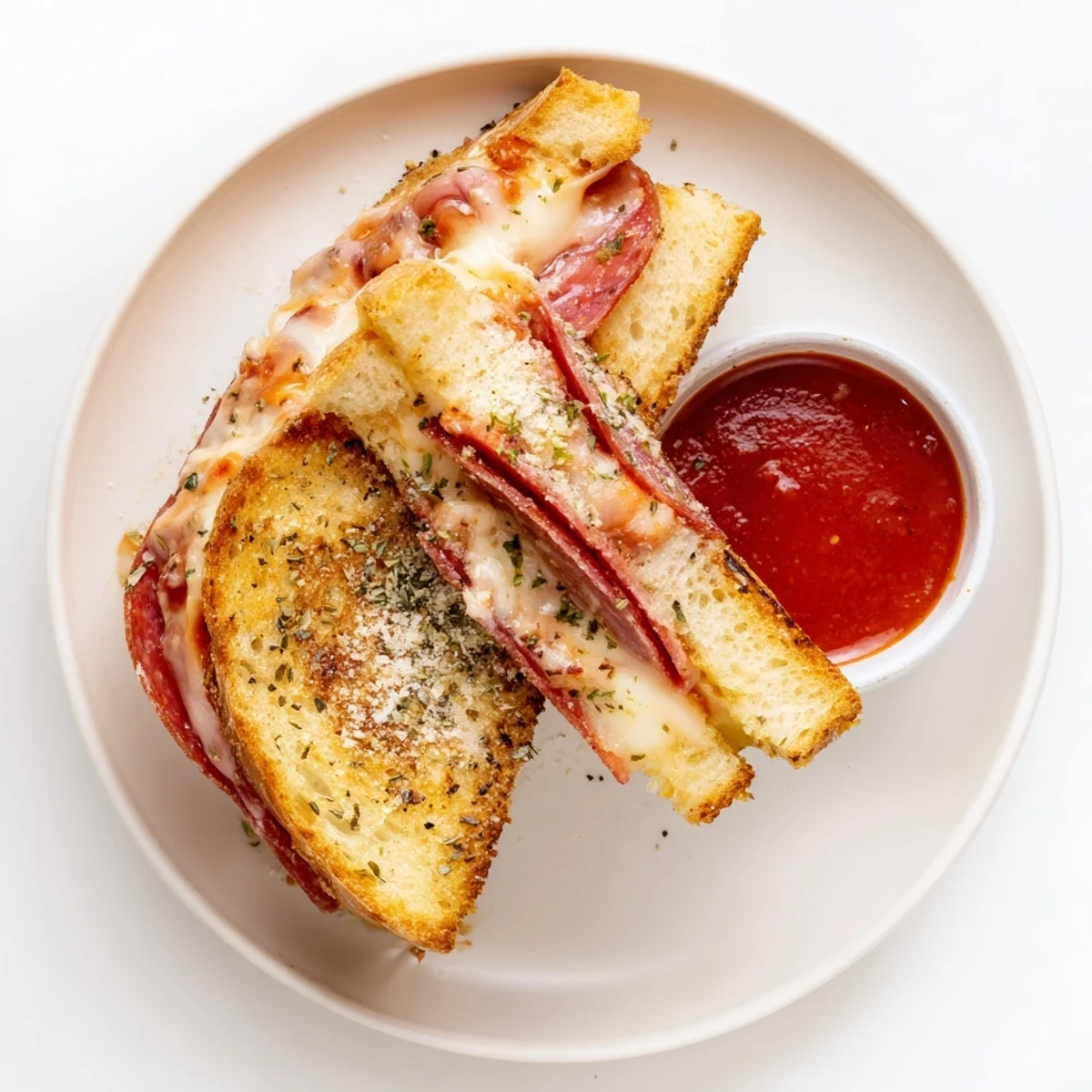 A skillet with a freshly made Pizza Grilled Cheese sandwich, topped with oregano and served alongside a small bowl of warm dipping sauce.