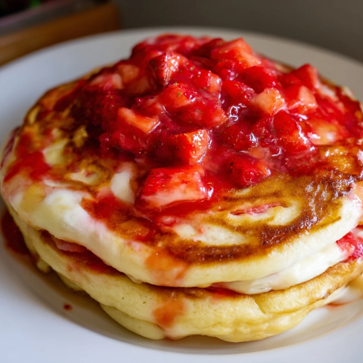 Golden-brown Fluffy Strawberry Cheesecake Pancakes stacked high, topped with glossy red strawberry sauce and a visible cheesecake swirl.