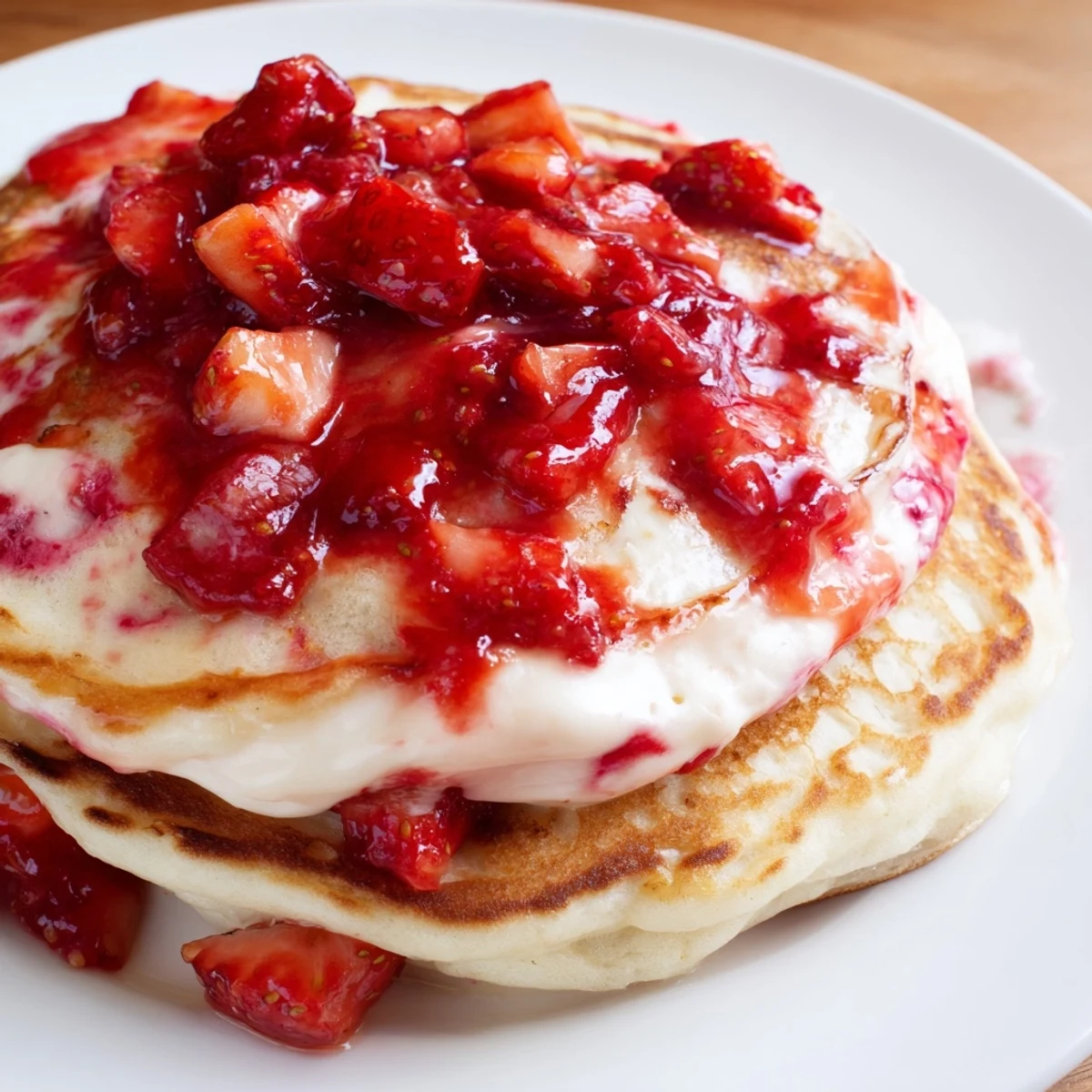 A close-up of Fluffy Strawberry Cheesecake Pancakes on a plate, featuring a creamy cheesecake dollop and fresh strawberry garnish.