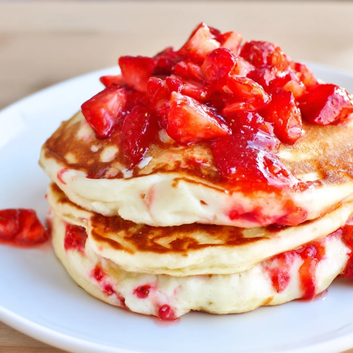 Overhead view of warm Fluffy Strawberry Cheesecake Pancakes served with extra strawberries, ready for a delicious breakfast or brunch.
