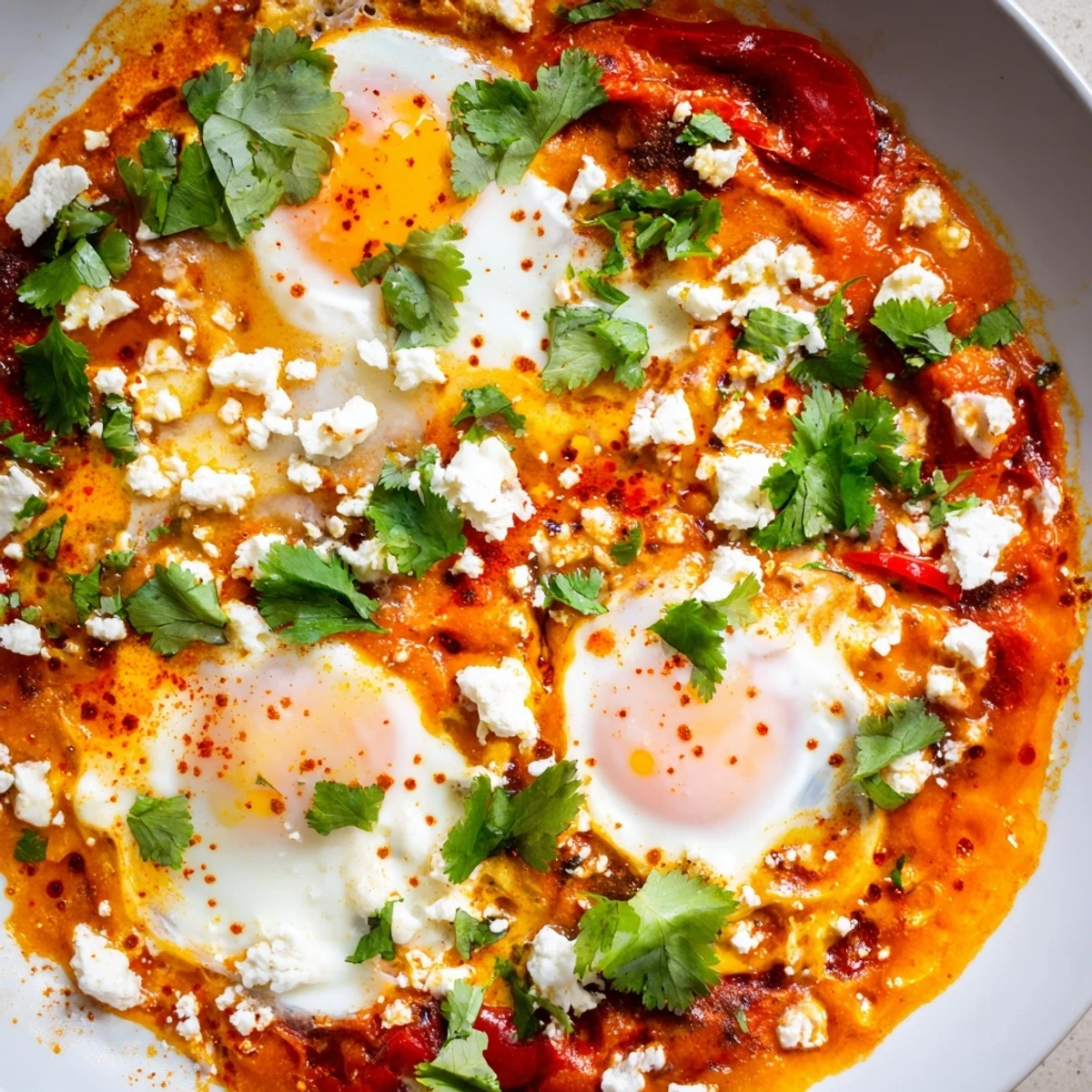 A close-up of Quick Shakshuka Eggs with runny yolks in a spicy red sauce, served with crusty bread.