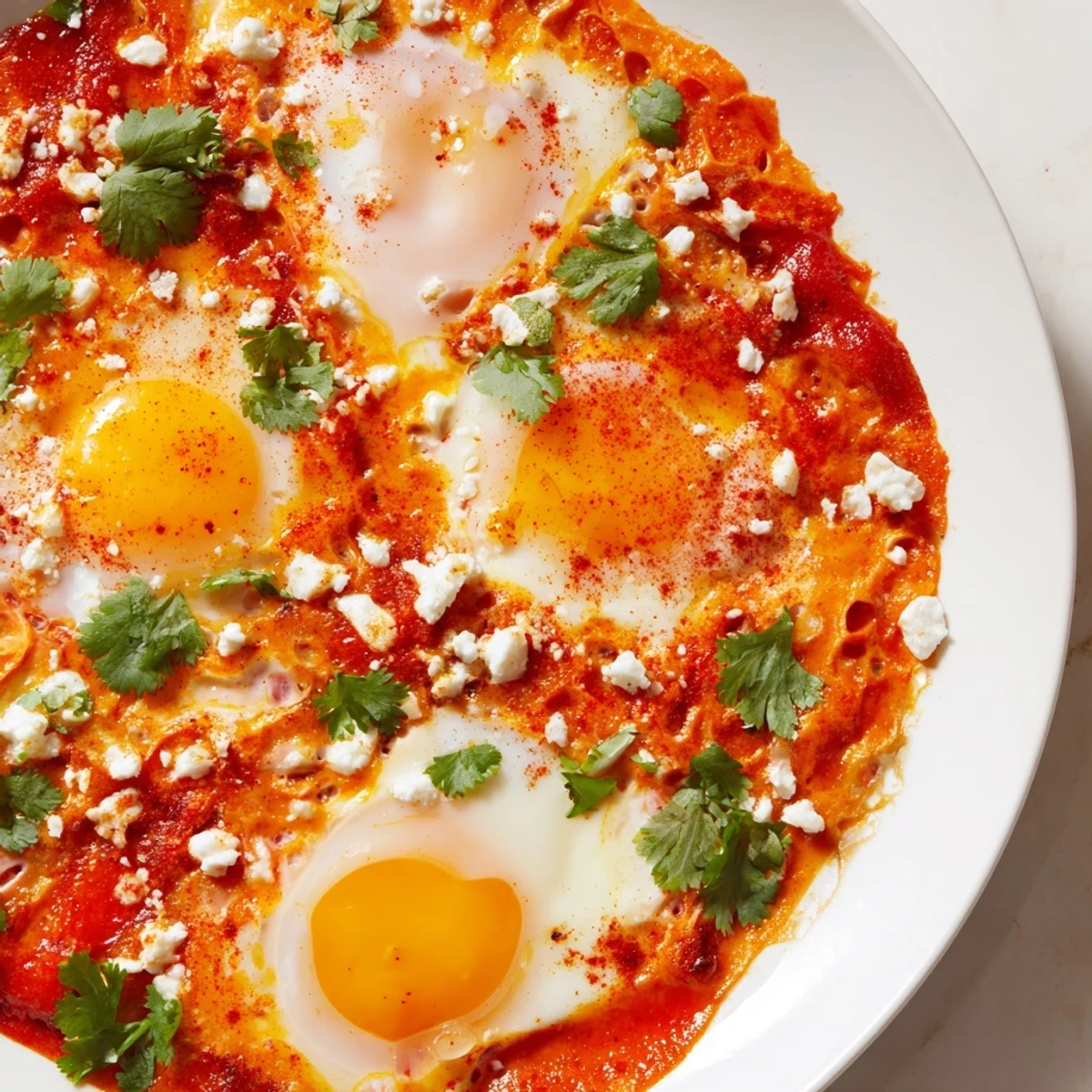 Freshly garnished Quick Shakshuka Eggs with cilantro in a skillet, perfect for a vibrant vegetarian breakfast.