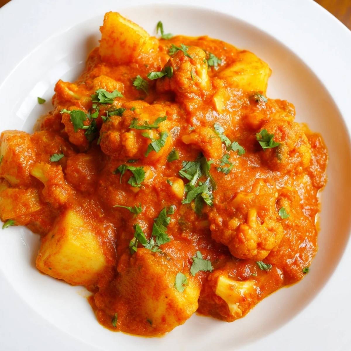 Close-up of golden potatoes and cauliflower in a creamy tomato sauce, garnished with fresh cilantro for Indian Butter Spiced Potatoes and Cauliflower.